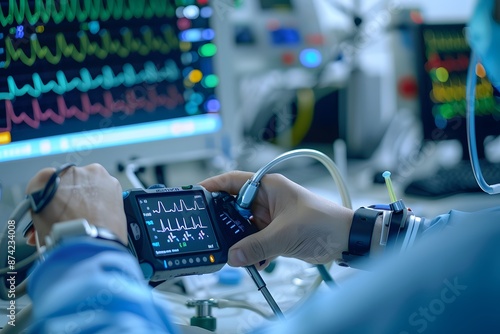 Realism of A healthcare professional using a wearable device to monitor a patient's vital signs in real-time.. very detailed photo