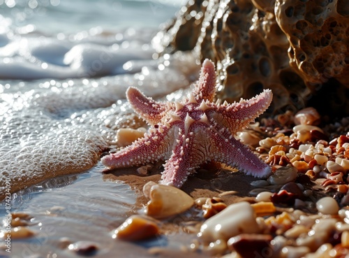 A vibrant starfish rests atop a pile of seashells on a sun-drenched beach.
