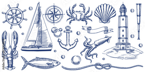 Nautical vintage icons set. Vector hand drawn monochrome sketch illustration of lighthouse, ship, anchor, sea animals. Marine design elements isolated on white background