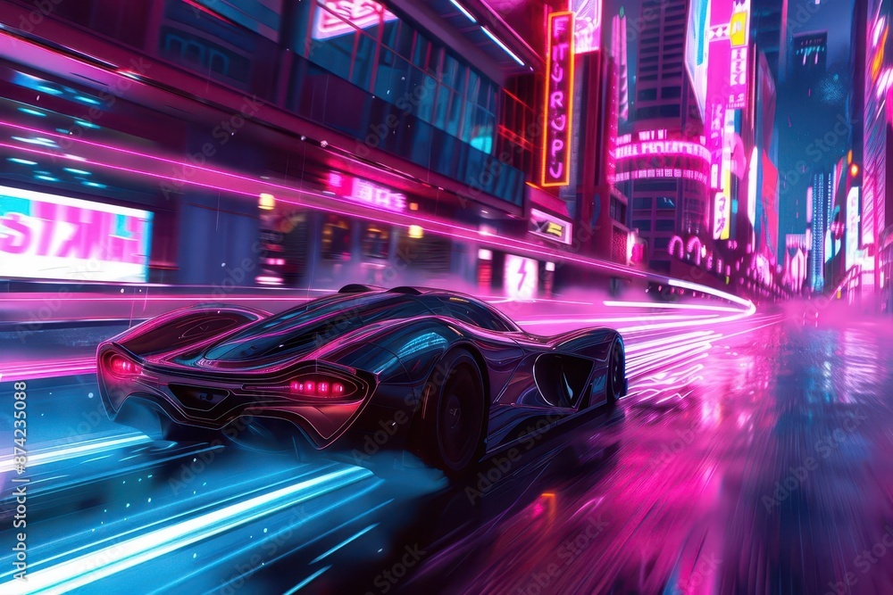 futuristic hypercar racing through a neonlit cyberpunk cityscape leaving vibrant light trails dynamic camera angle captures sleek aerodynamics and pulsing energy futuristic hypercar racing through a neonlit cyberpunk cityscape leaving vibrant light trails dynamic camera angle captures sleek aerodynamics and pulsing energy