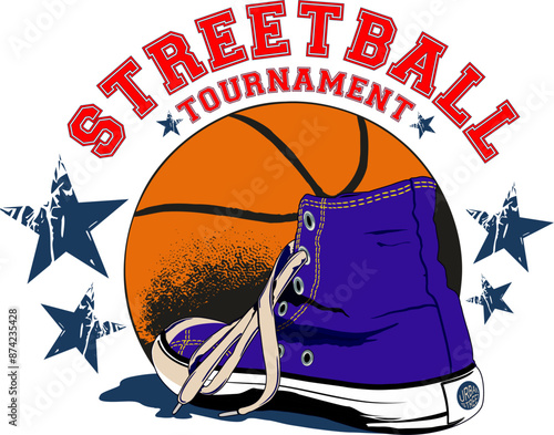 a basketball ball surrounded by stars, a gymnastic shoe and the streetball written.