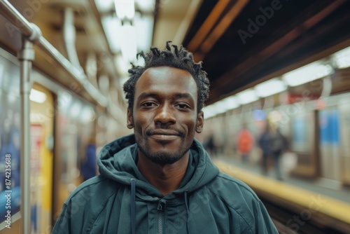 Portrait of a content afro-american man in his 30s sporting a comfortable hoodie over bustling city subway background