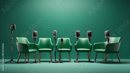 A broad banner for media discussions or podcast streaming designs including four chairs with table and microphones in an interview or podcast room isolated on a green background  photo