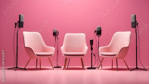 A broad banner for media discussions or podcast streaming designs including two chairs and microphones in an interview or podcast room isolated on a pink background  photo
