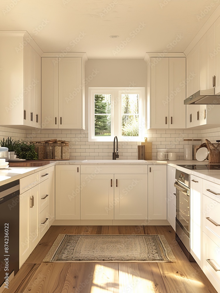 3D rendering of a small kitchen with WHITE cabinets, a white tile backsplash and light wood floors 3D rendering of a small kitchen with WHITE cabinets, a white tile backsplash and light wood floors