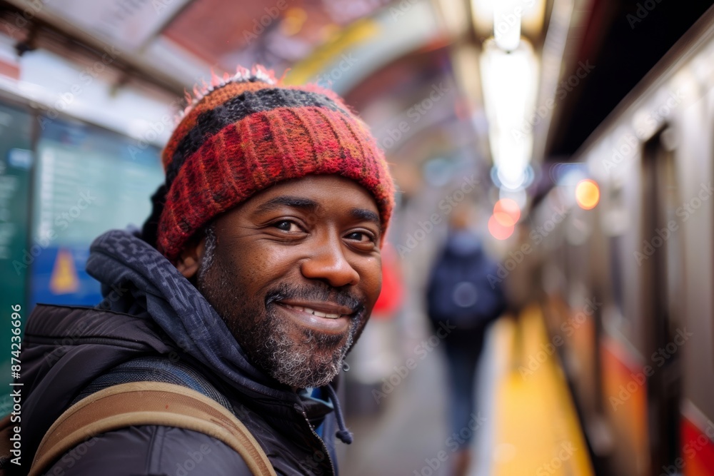 Portrait of a glad afro-american man in his 30s sporting a trendy beanie on bustling city subway background Portrait of a glad afro-american man in his 30s sporting a trendy beanie on bustling city subway background