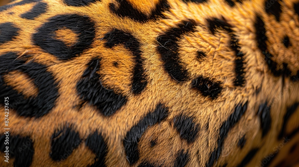 Macro shot of a jaguar's rosette patterned fur, blending shades of golden yellow and black, symbolizing its stealth and strength. Macro shot of a jaguar's rosette patterned fur, blending shades of golden yellow and black, symbolizing its stealth and strength.