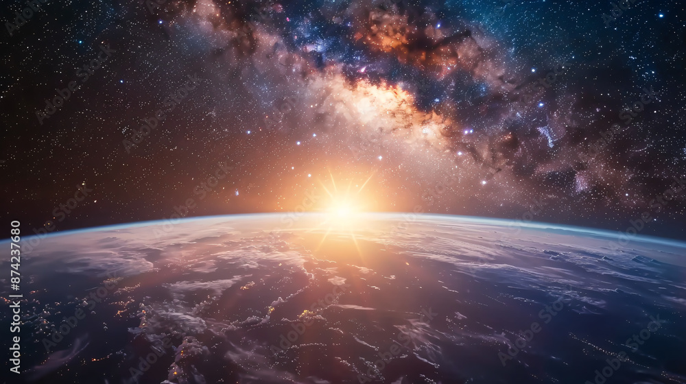 Earth's sunrise view from space, highlighting the majestic Milky Way galaxy in the background. Earth's sunrise view from space, highlighting the majestic Milky Way galaxy in the background.