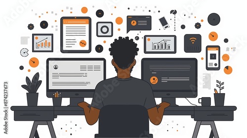 A Person Working on Two Desktops With Multiple Devices and Data Displays