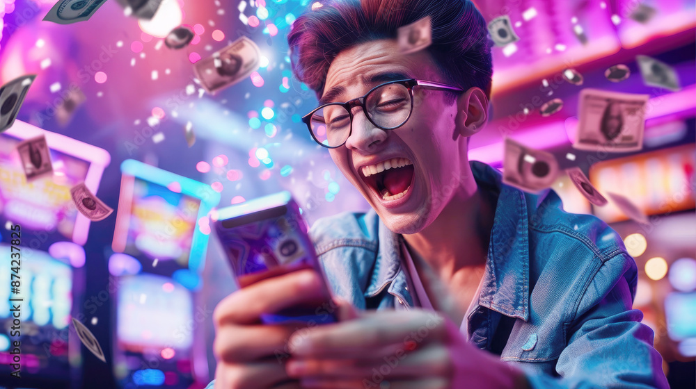 A young man emotionally rejoices at a big win, playing games on mobile devices, in an online casino, and a lottery. Motion blur, selective focus. A young man emotionally rejoices at a big win, playing games on mobile devices, in an online casino, and a lottery. Motion blur, selective focus.