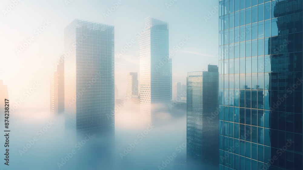 A modern cityscape in the early morning mist, with skyscrapers partially obscured by fog. A modern cityscape in the early morning mist, with skyscrapers partially obscured by fog.