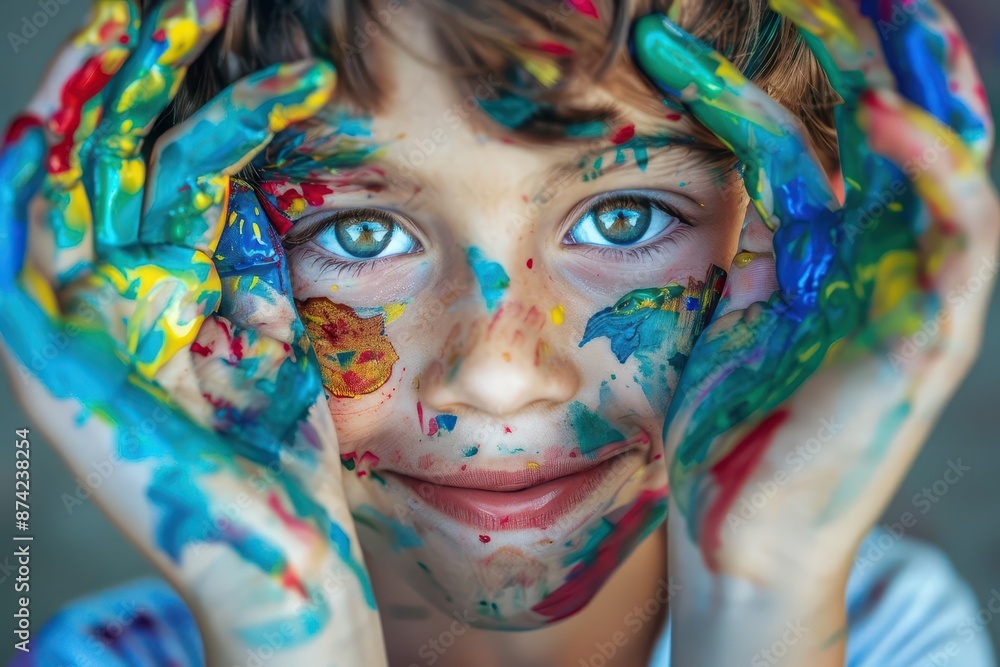 joyful child artist closeup of boys face with colorful paint splatters eyes sparkling with creativity messy hands proudly displaying artistic expression joyful child artist closeup of boys face with colorful paint splatters eyes sparkling with creativity messy hands proudly displaying artistic expression