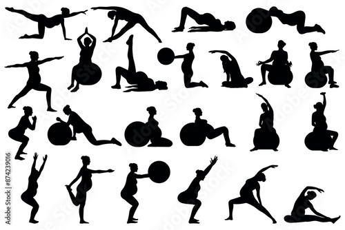Fitness for pregnant women silhouettes vector illustration set