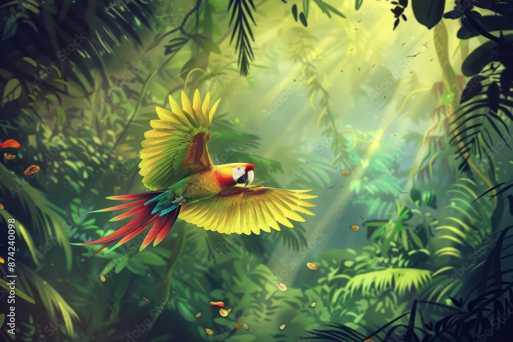 a digital painting of a parrot soaring over a rainforest canopy a digital painting of a parrot soaring over a rainforest canopy