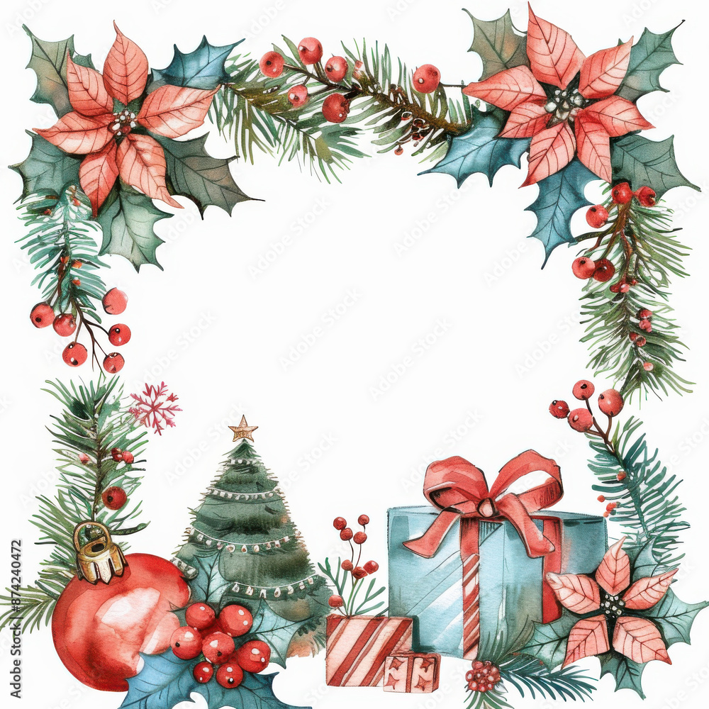 Set of New Year icons. Christmas watercolor greenery, red flowers and berries, empty white copy space inside Set of New Year icons. Christmas watercolor greenery, red flowers and berries, empty white copy space inside