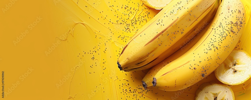 A bunch of bananas are sitting on a yellow background. Free copy space for banner. A bunch of bananas are sitting on a yellow background. Free copy space for banner.
