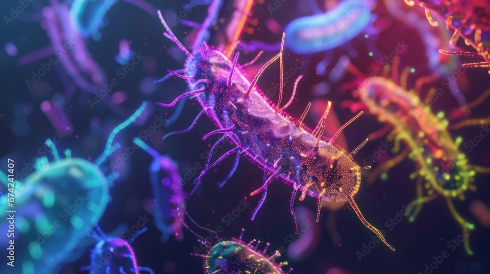 A close-up view of bacteria under a microscope, glowing in vibrant colors. A close-up view of bacteria under a microscope, glowing in vibrant colors.