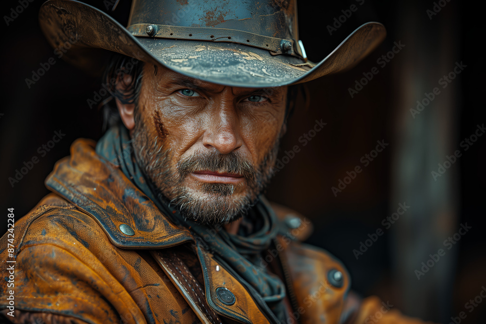 A cowboy with a brown leather jacket and hat pointing a gun at the camera. A cowboy with a brown leather jacket and hat pointing a gun at the camera.