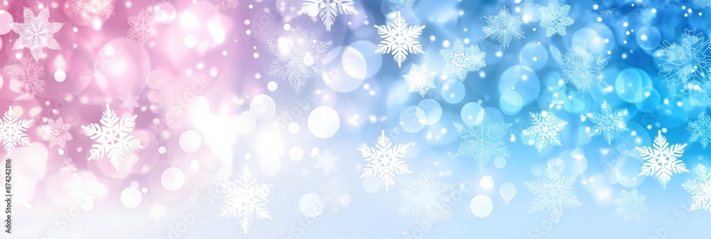 Abstract Winter Bokeh Background with Snowflakes in Pink and Blue Gradient Abstract Winter Bokeh Background with Snowflakes in Pink and Blue Gradient