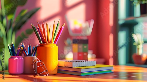  A study table with back-to-school supplies, featuring colorful pens and pencils in a colorful vase, arranged neatly for the new school year. 
