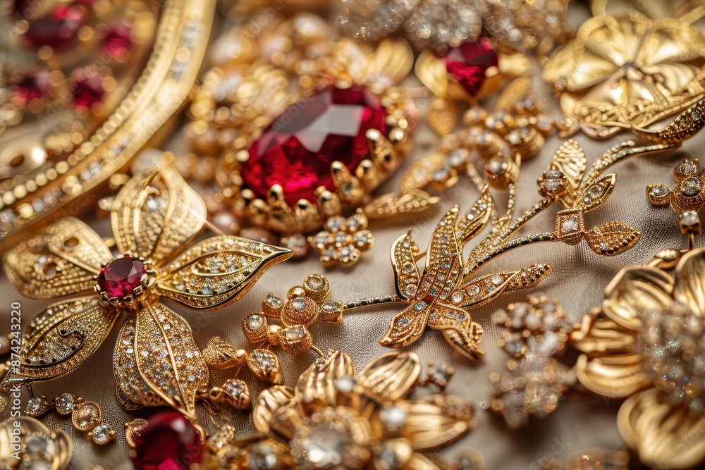 opulent still life of exquisite gold jewelry pieces artfully arranged their intricate details and gemstones catching the light in a luxurious display opulent still life of exquisite gold jewelry pieces artfully arranged their intricate details and gemstones catching the light in a luxurious display