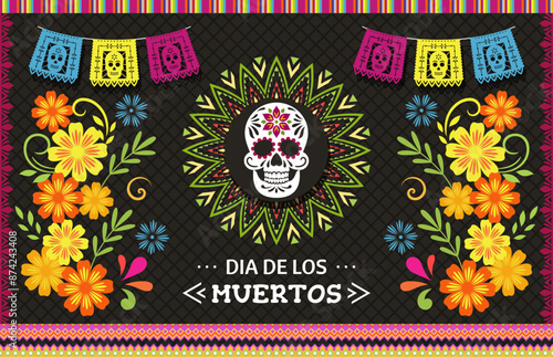 Day of the Dead, Dia de los Muertos. Colorful Mexican card, poster, banner with skull and flowers.