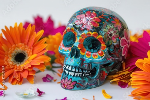 ornate sugar skull adorned with intricate floral patterns and vibrant colors celebrating day of the dead © Bijac