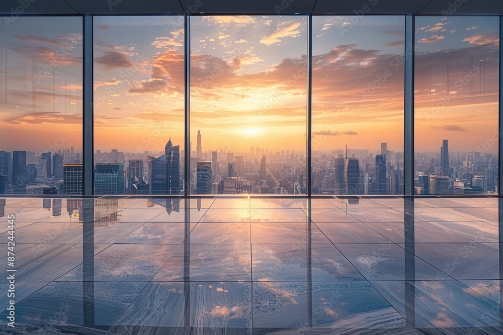 Fototapeta premium panoramic cityscape and skyline view at sunrise from empty floor urban architecture photography