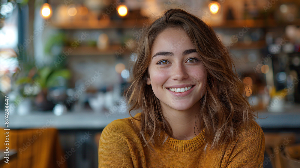 Happy Teen Girl Laughing in Cozy Cafe with Copy Space for Branding | Joyful Female Teenager Sitting and Smiling in Coffee Shop Happy Teen Girl Laughing in Cozy Cafe with Copy Space for Branding | Joyful Female Teenager Sitting and Smiling in Coffee Shop