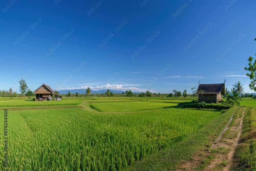 Obraz premium Emerald Expanse: Panoramic View of Rice Paddies and Traditional Huts