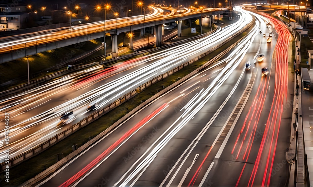 The motion blur of a busy urban highway during the evening rush hour. The city skyline serves as the background The motion blur of a busy urban highway during the evening rush hour. The city skyline serves as the background
