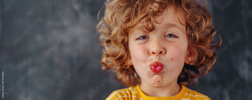 A young boy with curly hair is standing in front of a color wall. Free copy space for banner. A young boy with curly hair is standing in front of a color wall. Free copy space for banner.