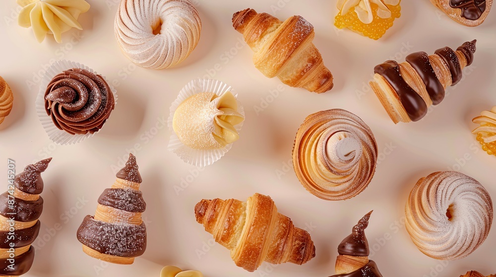 Realistic photography, top view of a clean surface which has traditional bakery items on it Realistic photography, top view of a clean surface which has traditional bakery items on it