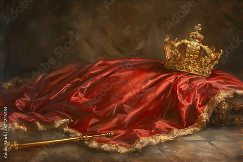 Scepter, crown and royal cloak lying on the floor.