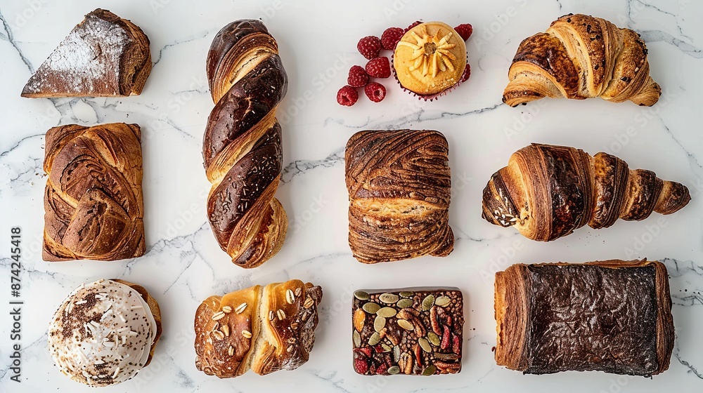 Realistic photography, top view of a clean surface which has traditional bakery items on it Realistic photography, top view of a clean surface which has traditional bakery items on it