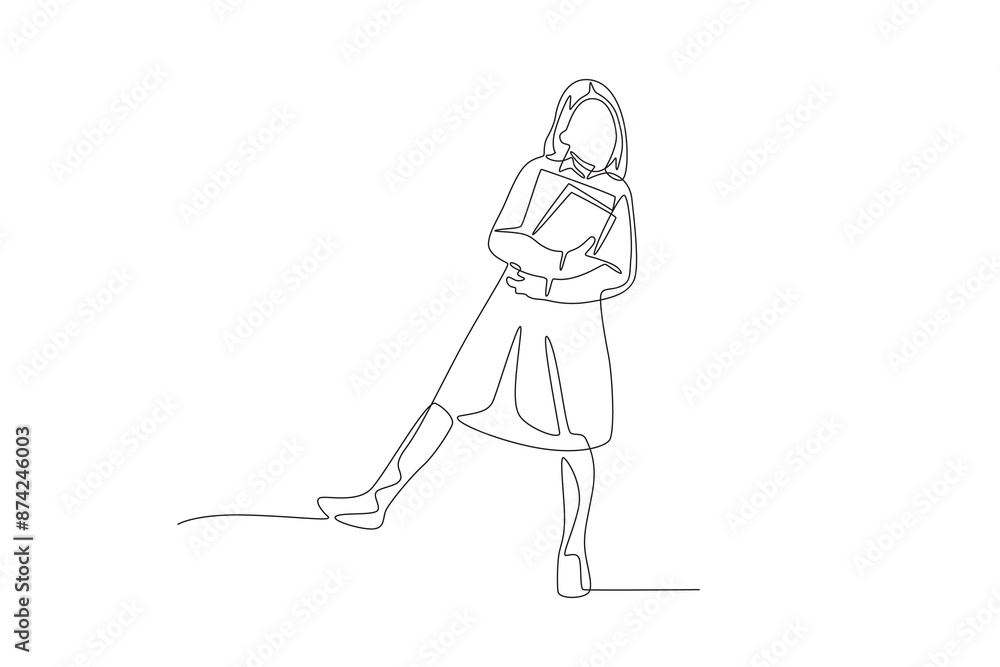 Female student carrying books. School kids concept one-line drawing Female student carrying books. School kids concept one-line drawing