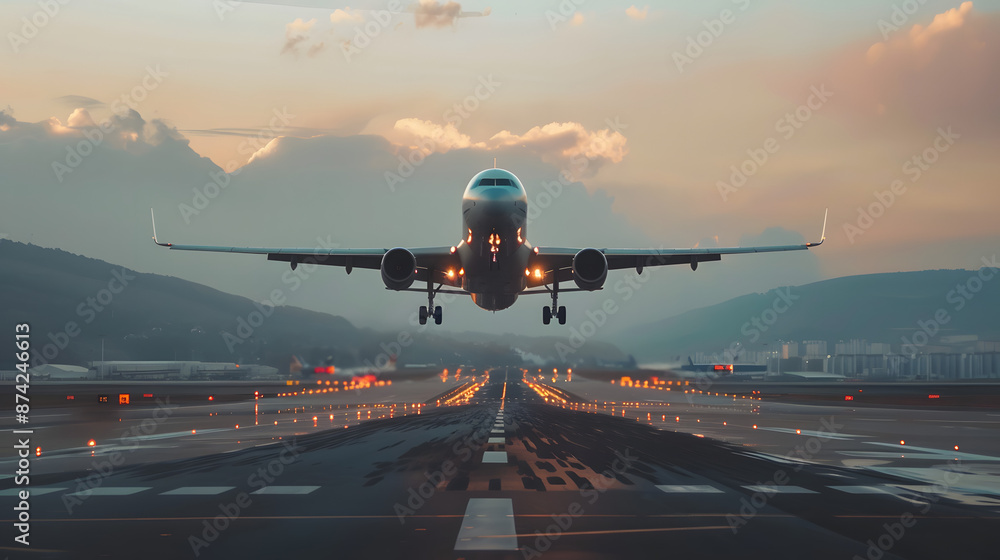 Naklejka premium airplane landing at sunset