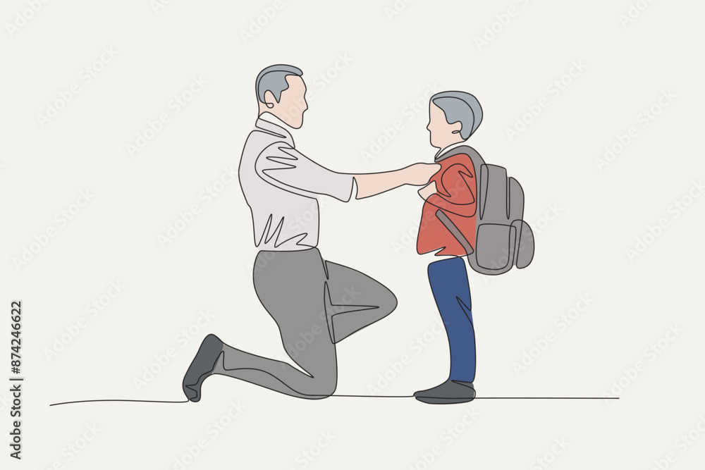 Colored a father who straightens his child's clothes before leaving for school. School kids concept one-line drawing Colored a father who straightens his child's clothes before leaving for school. School kids concept one-line drawing