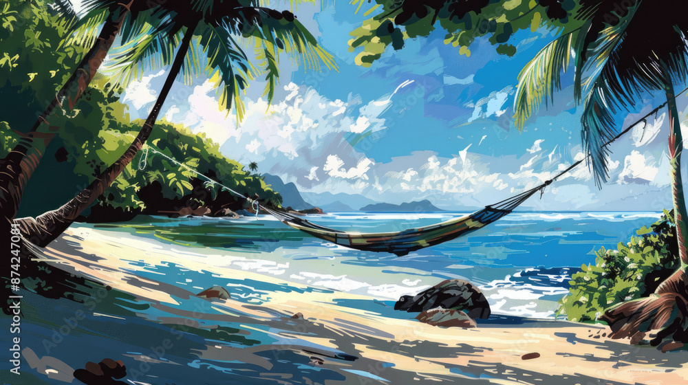 Fototapeta premium Relaxing Beach Hammock Scene with Sunset Reflections on Water