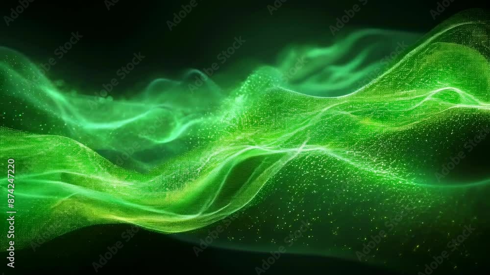 A green and gold abstract design featuring wavy lines and dots on a dark background. The flowing lines create a dynamic, almost ethereal look, illuminated by the glowing particles. The image exudes a A green and gold abstract design featuring wavy lines and dots on a dark background. The flowing lines create a dynamic, almost ethereal look, illuminated by the glowing particles. The image exudes a