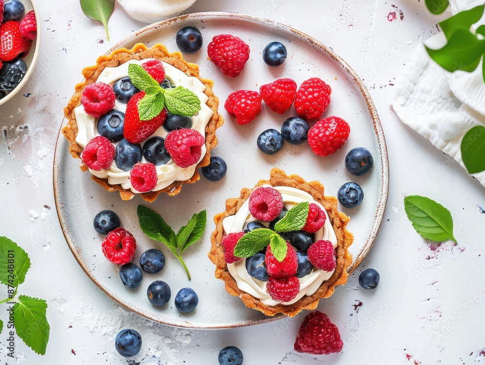 Four small pastries with blueberries and strawberries on top. Four small pastries with blueberries and strawberries on top.