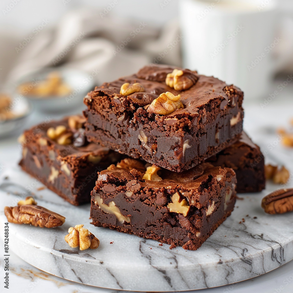 Gooey and delicious brownies studded with chunks of dark chocolate and walnuts on a white marble serving platter.
Gooey and delicious brownies studded with chunks of dark chocolate and walnuts on a white marble serving platter.