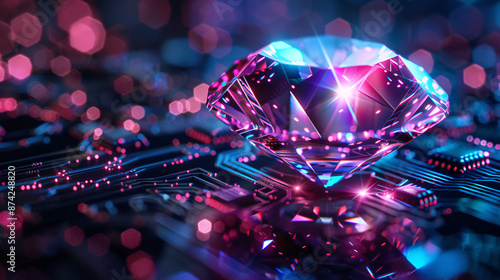 Glowing Cyber Gem of Digital Wealth and Security on Dark Background with Neon Highlights