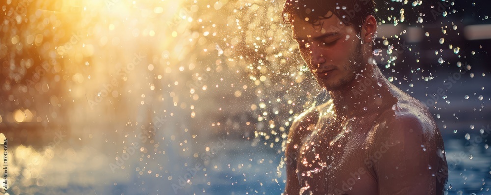 Obraz premium Young man cooling off with water splashes, refreshing and intense.
