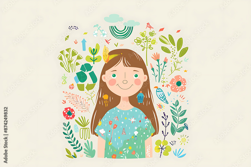 Girl icons with recycling and eco symbols, representing environmental awareness and sustainability, ideal for promoting green initiatives and eco-friendly practices. Girl icons with recycling and eco symbols, representing environmental awareness and sustainability, ideal for promoting green initiatives and eco-friendly practices.
