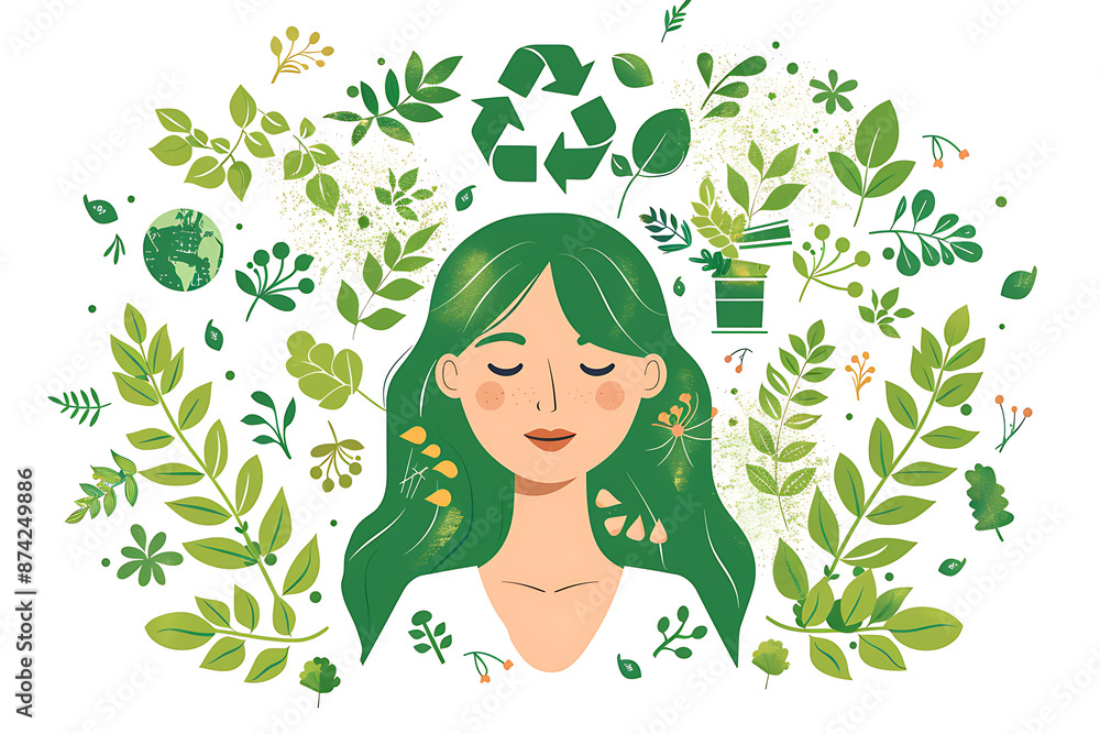Girl icons with recycling and eco symbols, representing environmental awareness and sustainability, ideal for promoting green initiatives and eco-friendly practices.