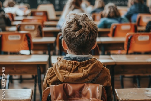 A young student sits in a classroom, awaiting the start of the new school year.