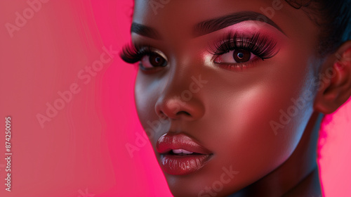 Black Woman Face with Long Fake Eyelashes and Professional Make Up. Close-up Eyeshadow and Hair. Fashion Model. Big Lips  © Juli Soho