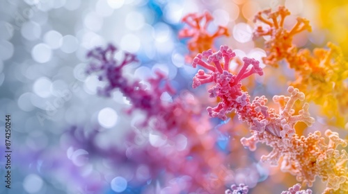 A close-up of a coral branch with vibrant pink, orange, and yellow hues. The background features a bokeh effect of blurred blue and white circles.
