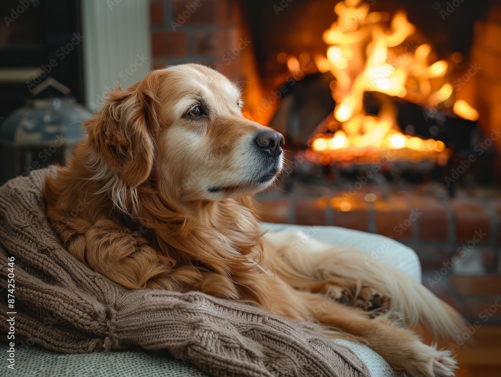 Golden Retriever Dog Relaxing by a Cozy Fireplace on a Cold Winter Day. Golden Retriever Dog Relaxing by a Cozy Fireplace on a Cold Winter Day.